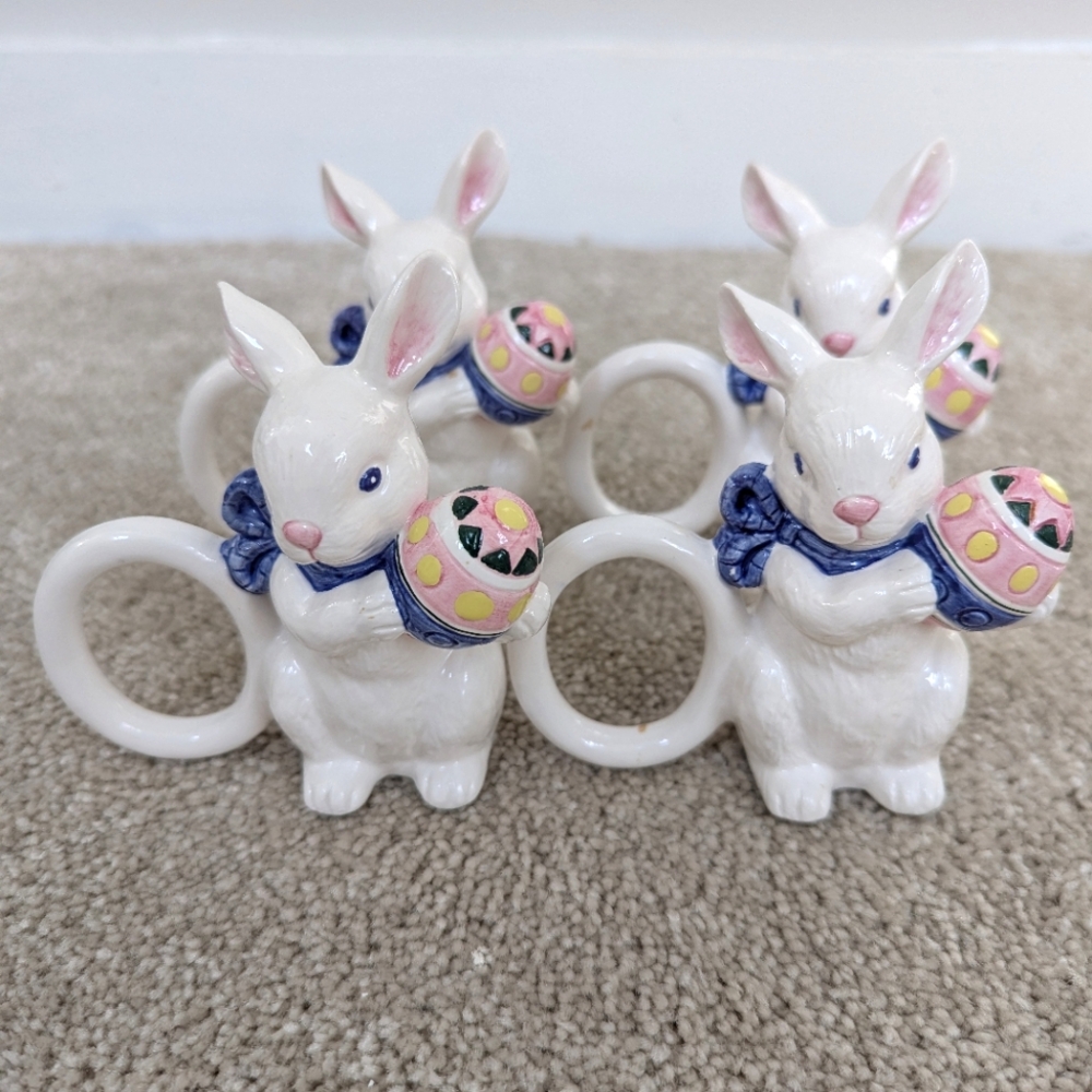 Vintage Easter Bunny Napkin Rings- Set of 4- Hand Painted Ceramic Spring Table